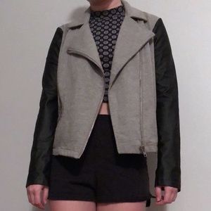 Gray and Faux Leather Motorcycle Jacket